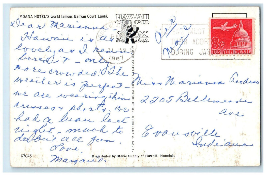 1967 Moana Hotel's Banyan Court Lanai Honolulu Hawaii HI Posted Vintage Postcard