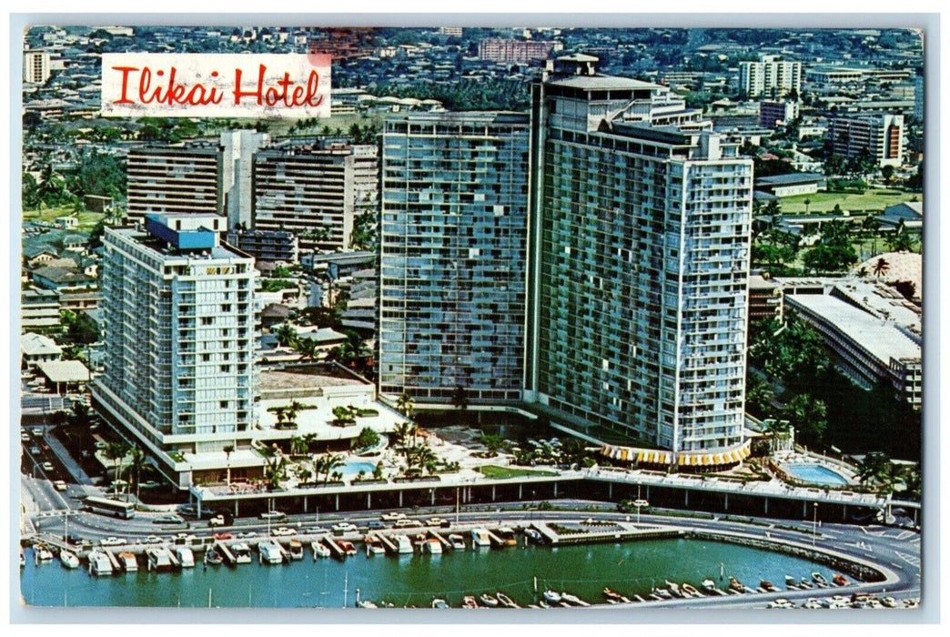 Aerial View From Over The Honolulu Yacht Harbor Ilikai Hotel Hawaii HI Postcard