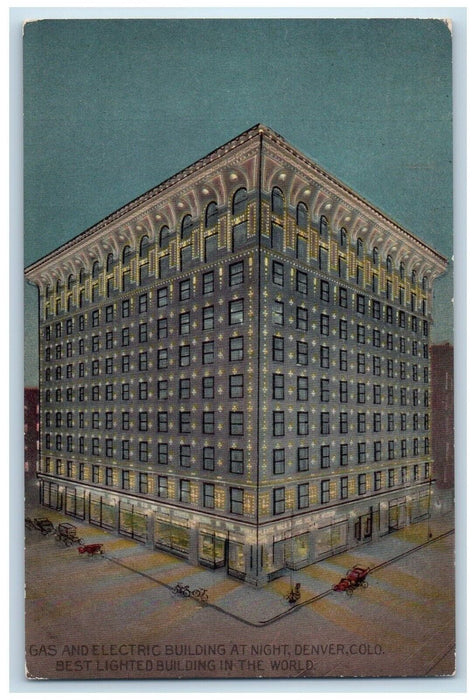 Gas And Electric Building At Night Denver Colorado CO, Cars Bicycle Postcard