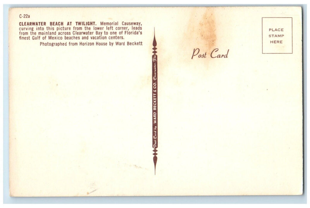 c1950's Clearwater Beach Twilight Florida FL, Memorial Causeway Curving Postcard