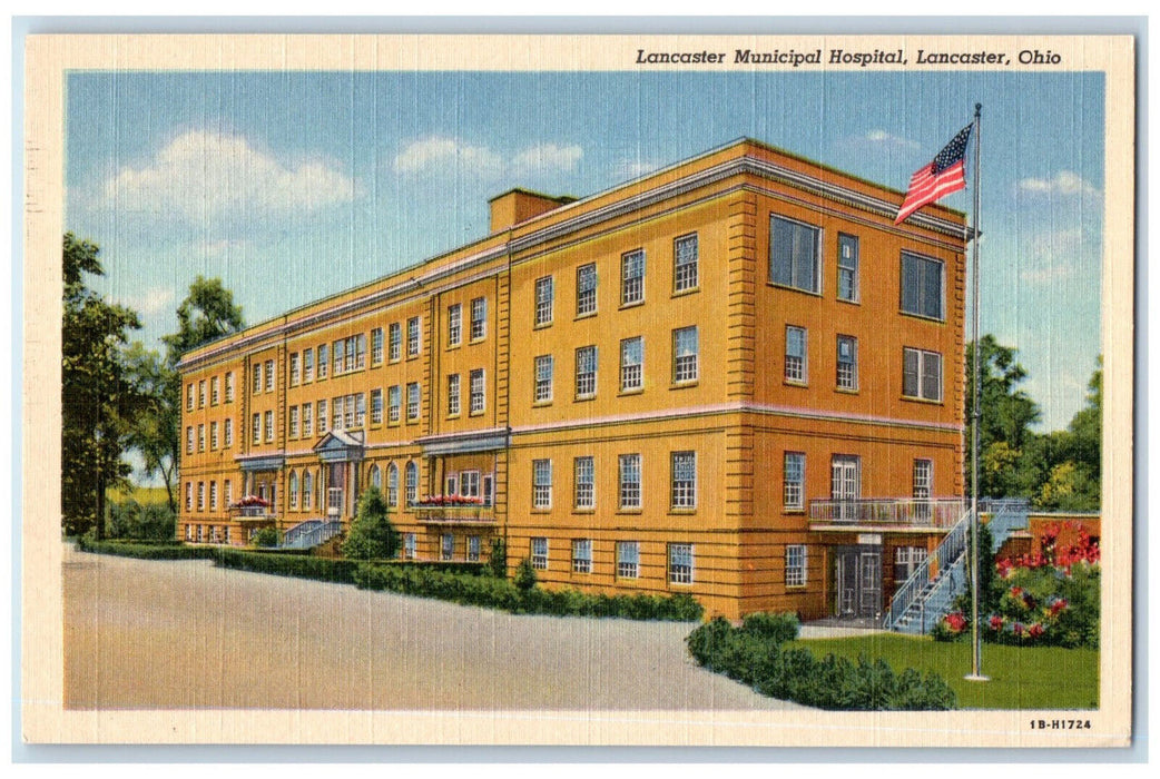 c1930's US Flag Lancaster Municipal Hospital Lancaster Ohio OH Vintage Postcard