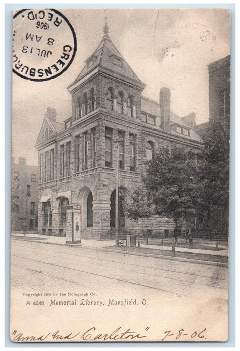 1906 Memorial Library Mansfield Ohio OH Greensburg PA Antique Postcard