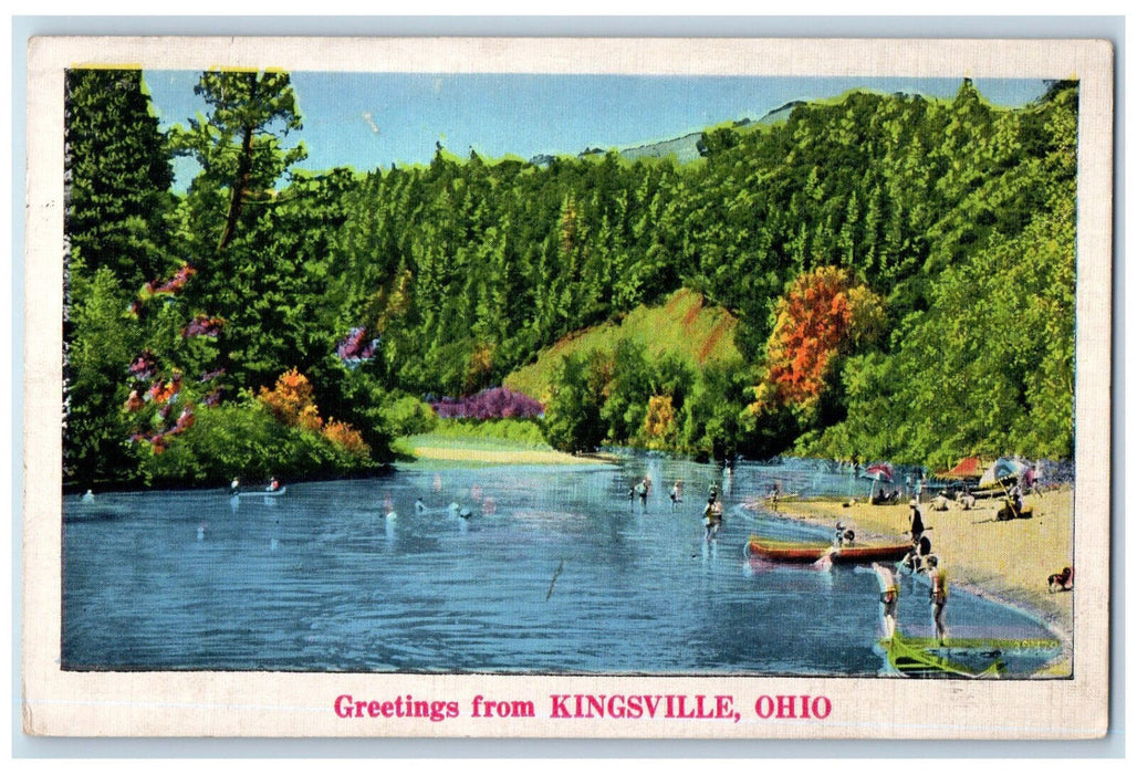 1938 River Bathing Scene Greetings from Kingsville Ohio OH Vintage Postcard