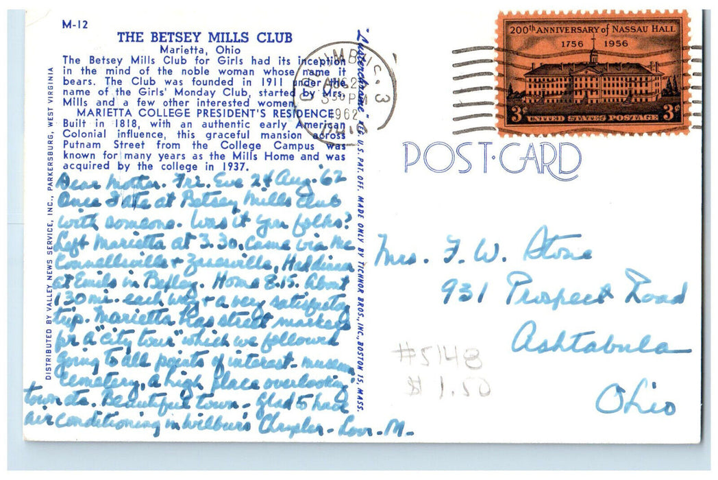 1962 The Betsey Mills Club Marietta Ohio OH Vintage Posted Postcard