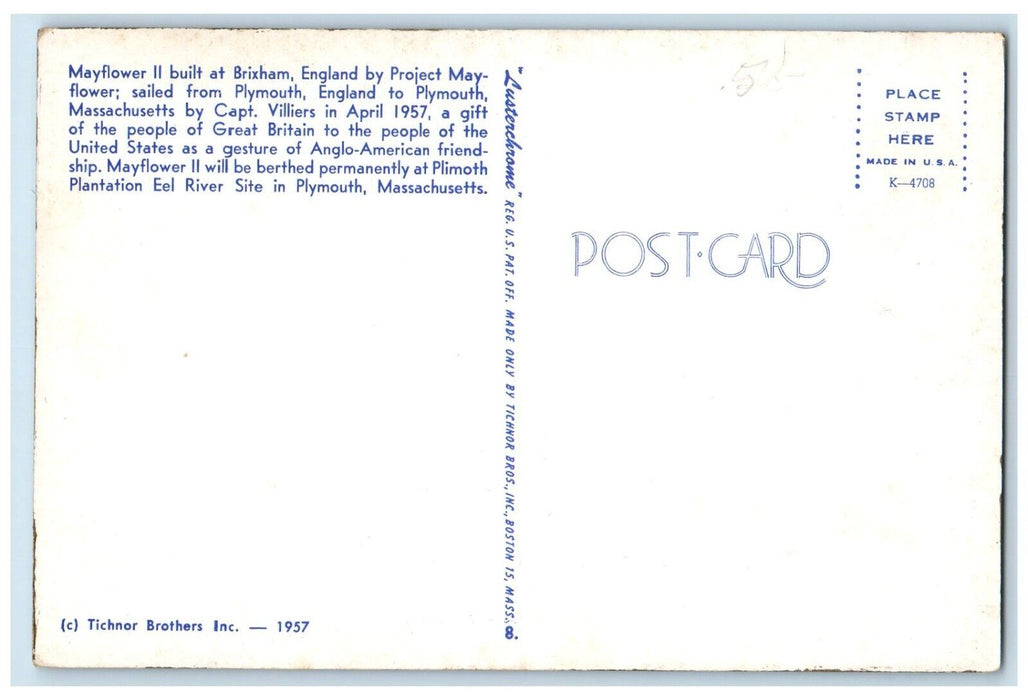 Mayflower II Plimoth Plantation Eel River Plymouth Massachusetts MA Postcard