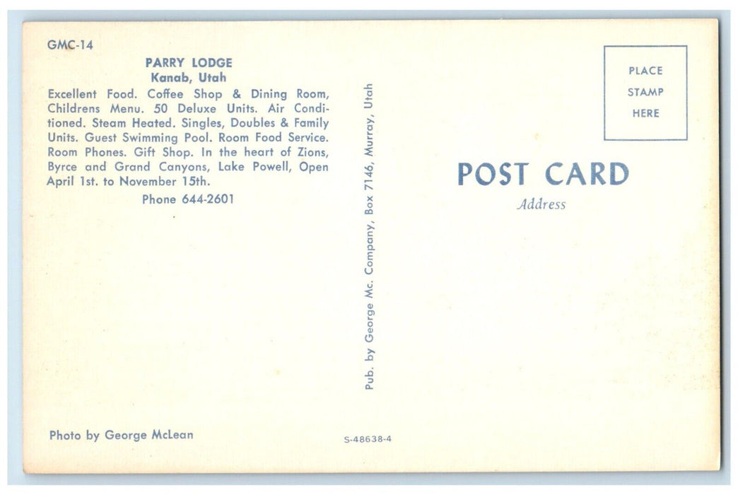 c1950's Parry Lodge And Restaurant Card Roadside Kanab Utah UT Vintage Postcard