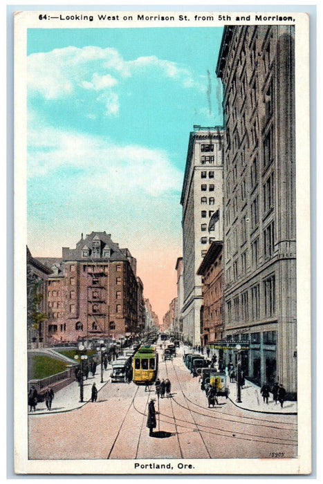 1934 Trolley Car Looking West on Morrison Street Portland Oregon OR Postcard