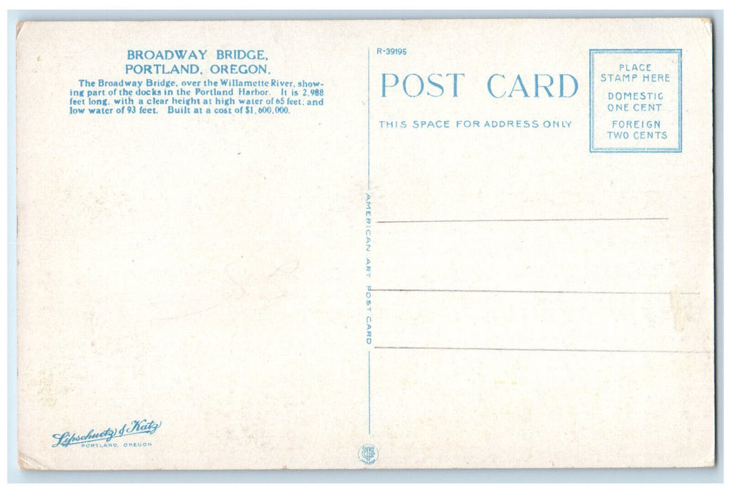 c1920's Broadway Bridge Over Willamette River Portland Oregon OR Postcard