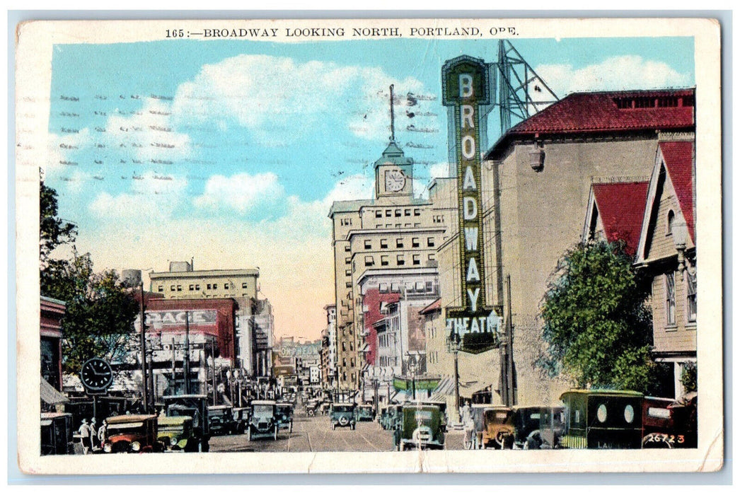 1927 Business Section Broadway Looking North Portland Oregon OR Postcard