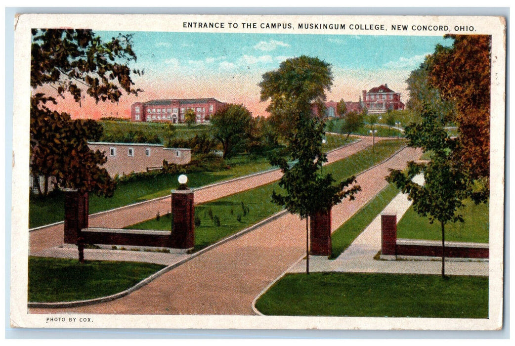 c1930's Entrance to the Campus Muskingum College New Concord Ohio OH Postcard