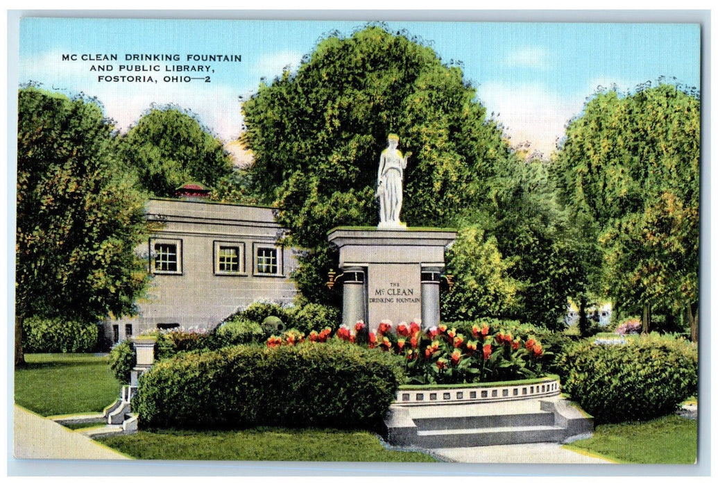c1940's Mc Clean Drinking Fountain and Public Library Fostoria OH Postcard