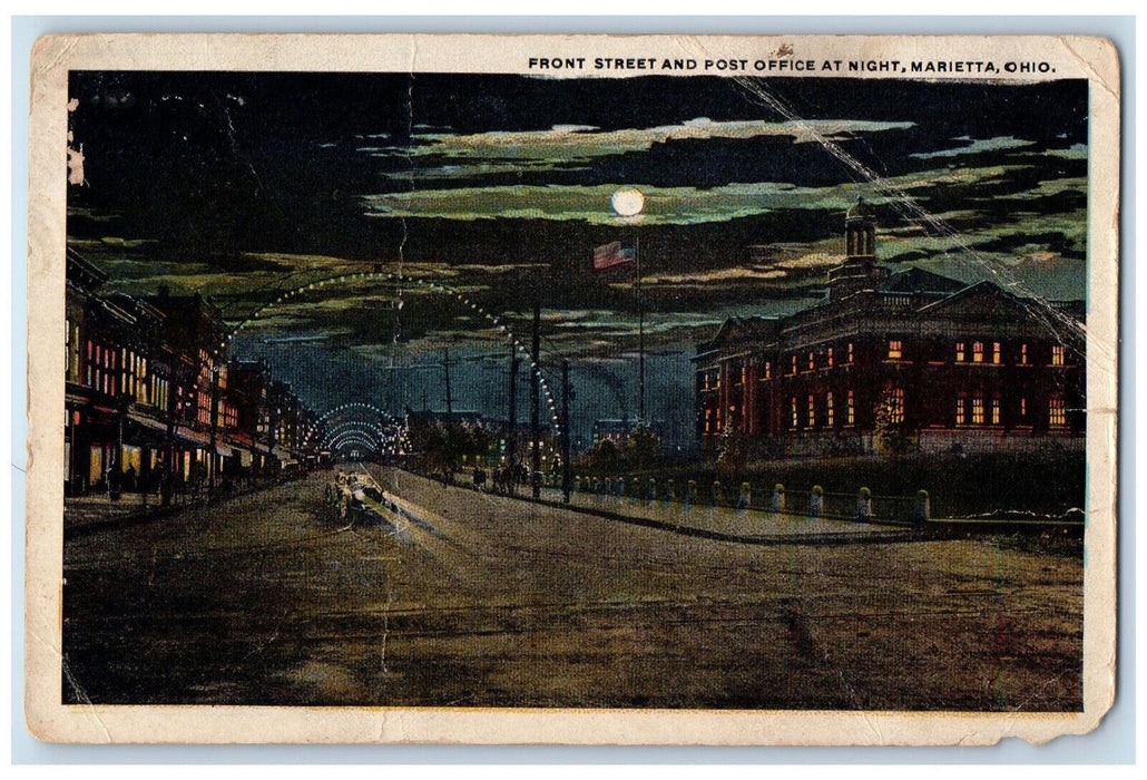 1922 Front Street and Post Office at Night Marietta Ohio OH Antique Postcard