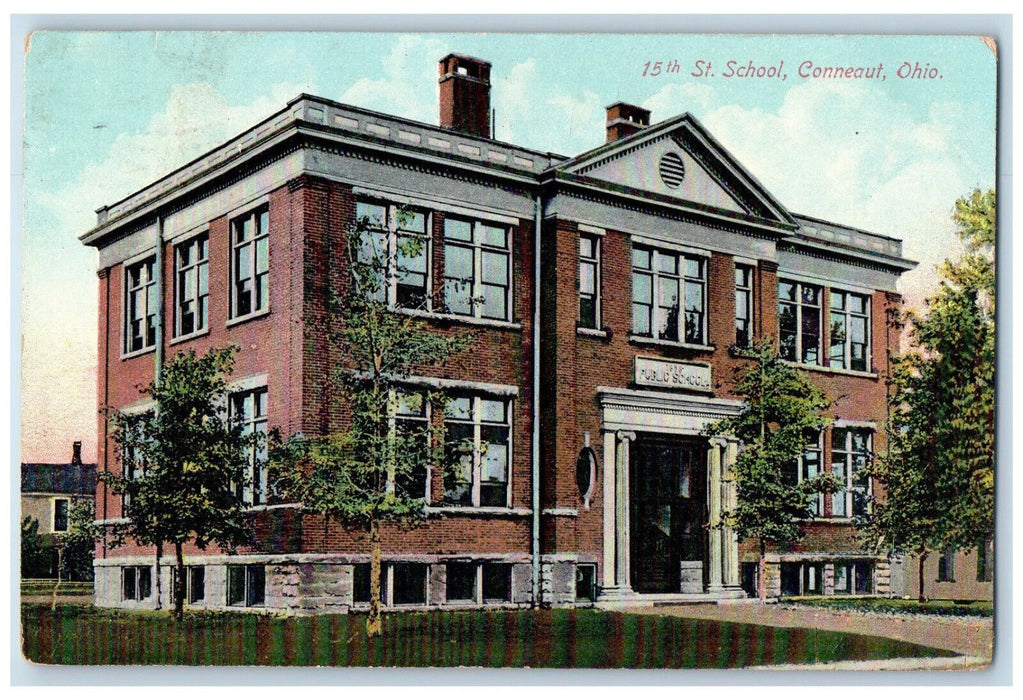 1909 Entrance to 15th Street School Conneaut Ohio OH Antique Posted Postcard