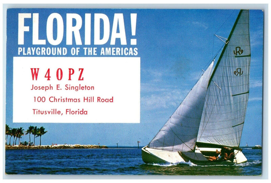 Florida Playground Of The Americas W409PZ QSL Titusville FL, Sailboat Postcard