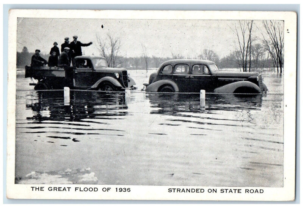 The Great Flood Of 1936 Stranded On Road Cars Disaster New England MA Postcard