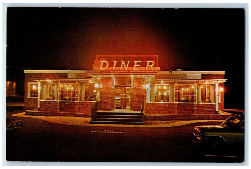 Holiday Grill Diner Restaurant Night View Cars Southampton New York NY Postcard