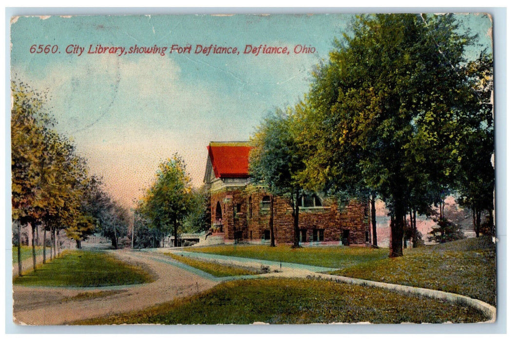 1917 City Library Showing Fort Defiance Defiance Ohio OH Antique Postcard