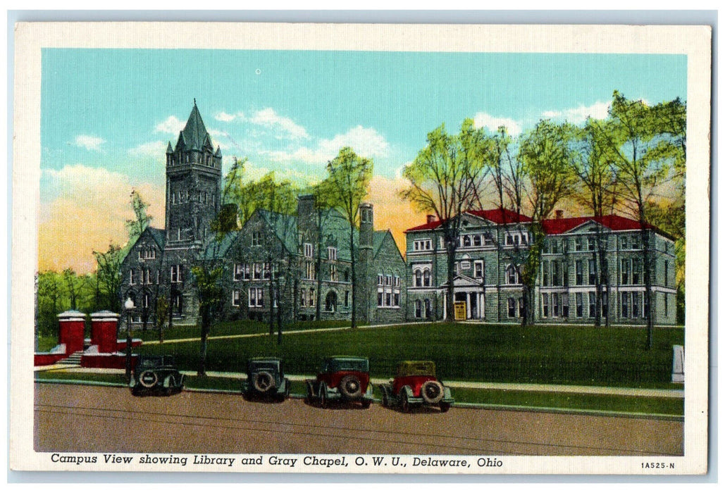 c1940's Campus View Showing Library Gray Chapel Delaware Ohio OH Postcard