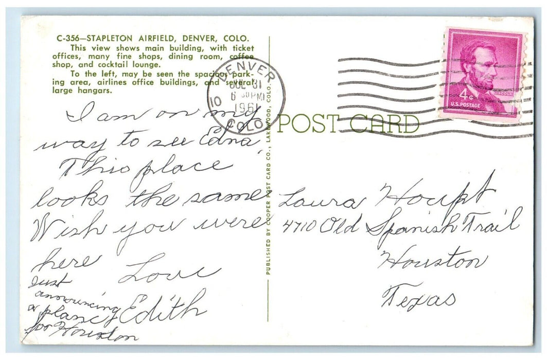 1961 Stapleton Airfield Denver Colorado CO, Main Building Cars View Postcard