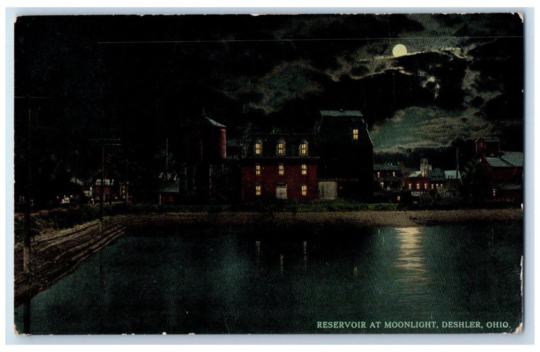 1916 Reservoir at Moonlight Deshler Ohio OH Antique Posted Postcard