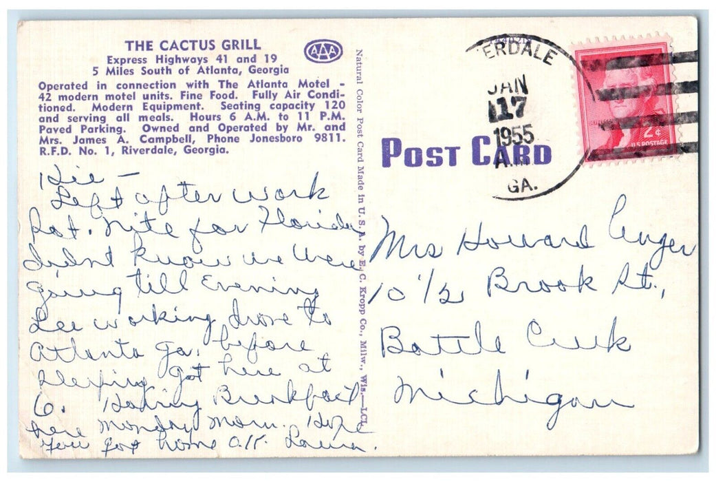 1955 The Atlanta Motel Cactus Grill Express Highway 41 And 9 Atlanta GA Postcard