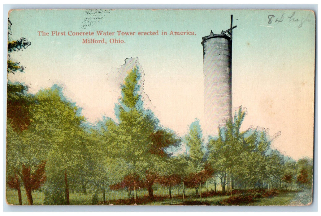 c1910 First Concrete Water Tower Milford Ohio OH Posted Antique Postcard