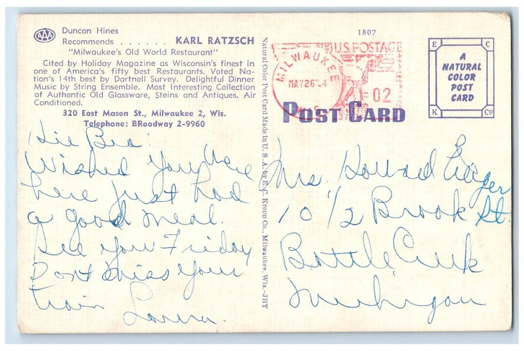Karl Ratzsch's Old World Restaurant Dining Room Milwaukee Wisconsin WI Postcard