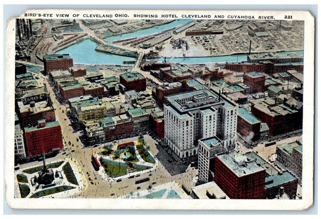 1929 Bird's Eye View Hotel Cleveland and Cuyahoga River Ohio OH Postcard