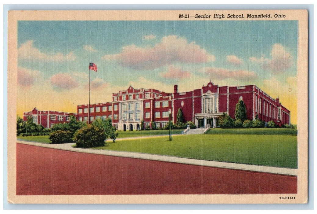 c1940 Exterior View Senior High School Building Mansfield Ohio Antique Postcard