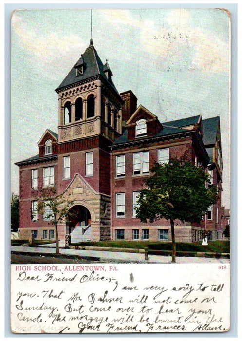 1906 High School Building Scene Street Allentown Pennsylvania PA Posted Postcard