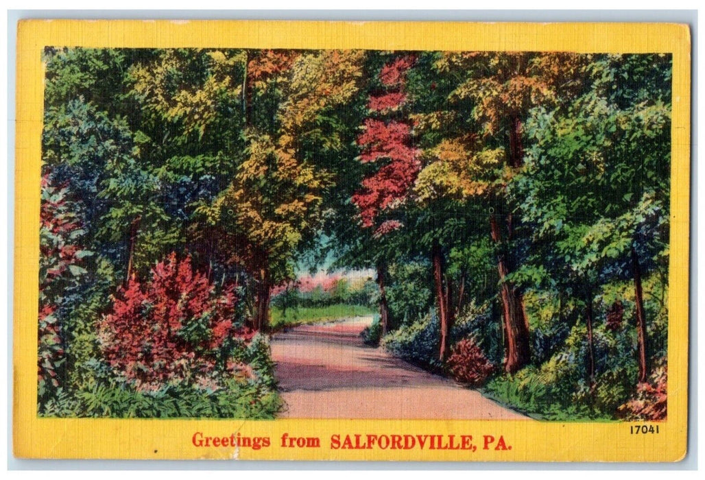 1951 Greetings From Salfordville Pennsylvania PA, Road And Trees View Postcard