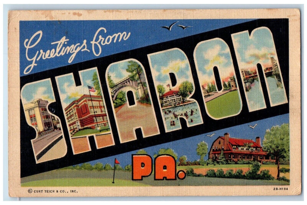 1943 Greetings From Sharon Pennsylvania PA, Large Letters Vintage Postcard