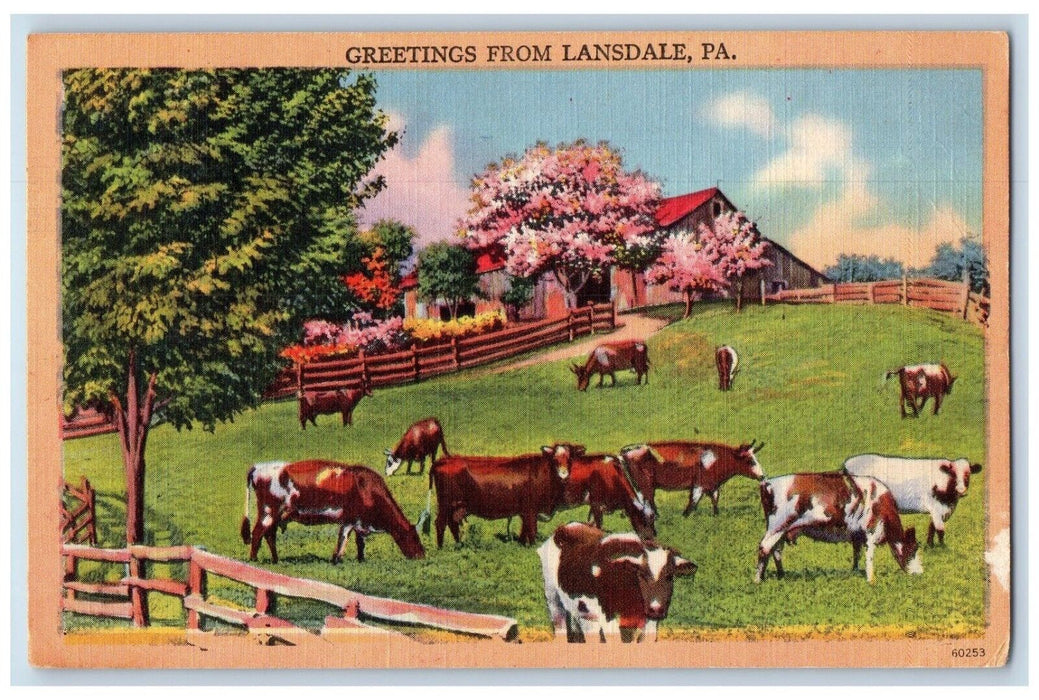 Greetings From Lansdale Pennsylvania PA, Cows Farm Blossom Trees Posted Postcard