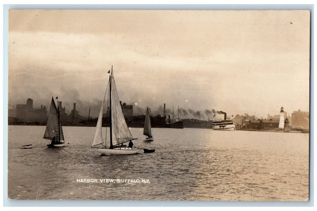 1908 Harbor View Sail Boat Lighthouse Steam Ship Buffalo NY RPPC Photo Postcard