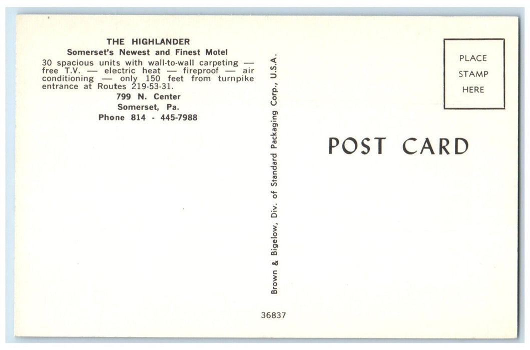 c1950's The Highlander Motel Car Somerset Pennsylvania PA Vintage Postcard