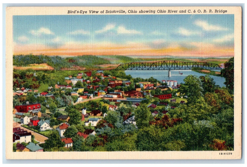 c1940's Ohio River C&O Railroad Bridge Aerial View Sciotoville OH Postcard