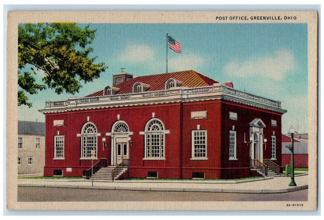 c1940's US Flag Post Office Building Entrance Greenville Ohio OH Postcard