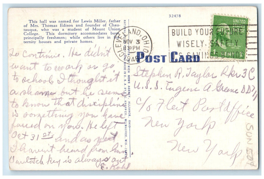 1946 Miller Hall Mt. Union College Alliance Ohio OH Vintage Postcard