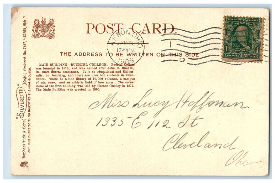 1909 Main Building Buchtel College Akron OH Silverette Tuck Art Postcard