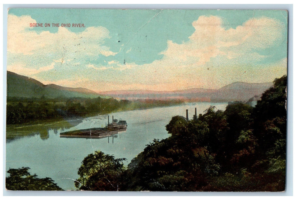 1915 Barge Scene On The Ohio River Wellsville Ohio OH Antique Postcard