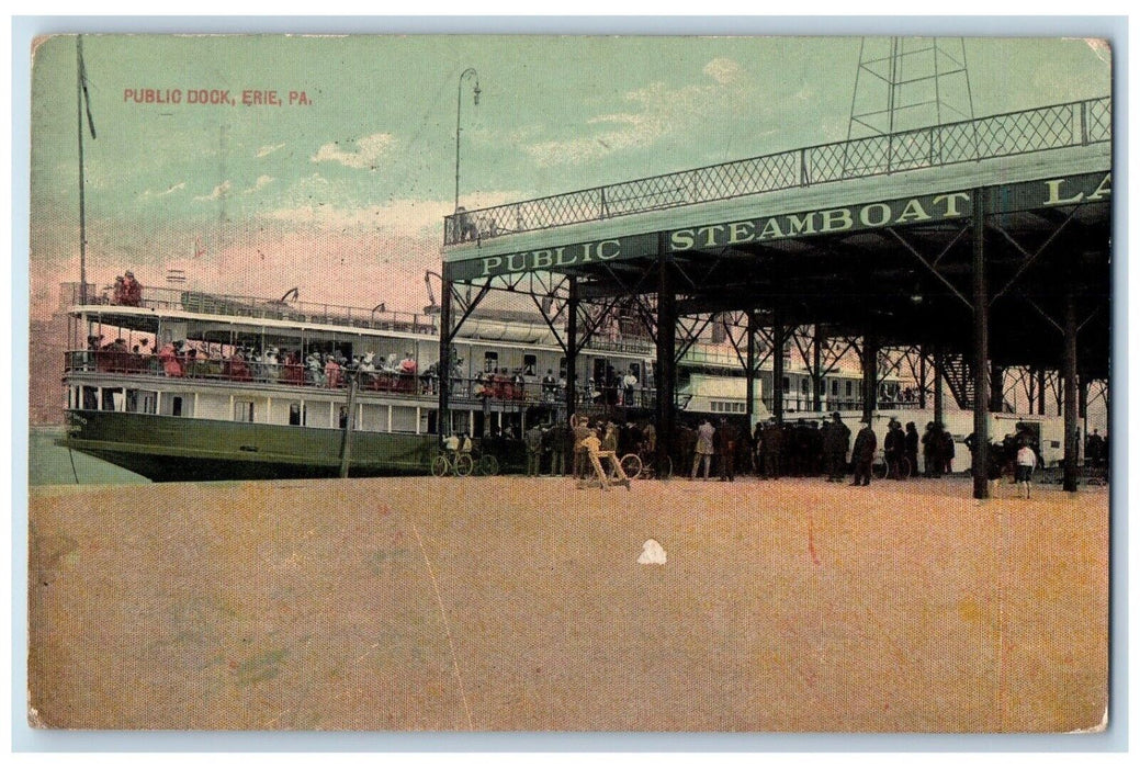 1913 Public Dock Steamboat Bicycle Erie Pennsylvania PA Posted Antique Postcard