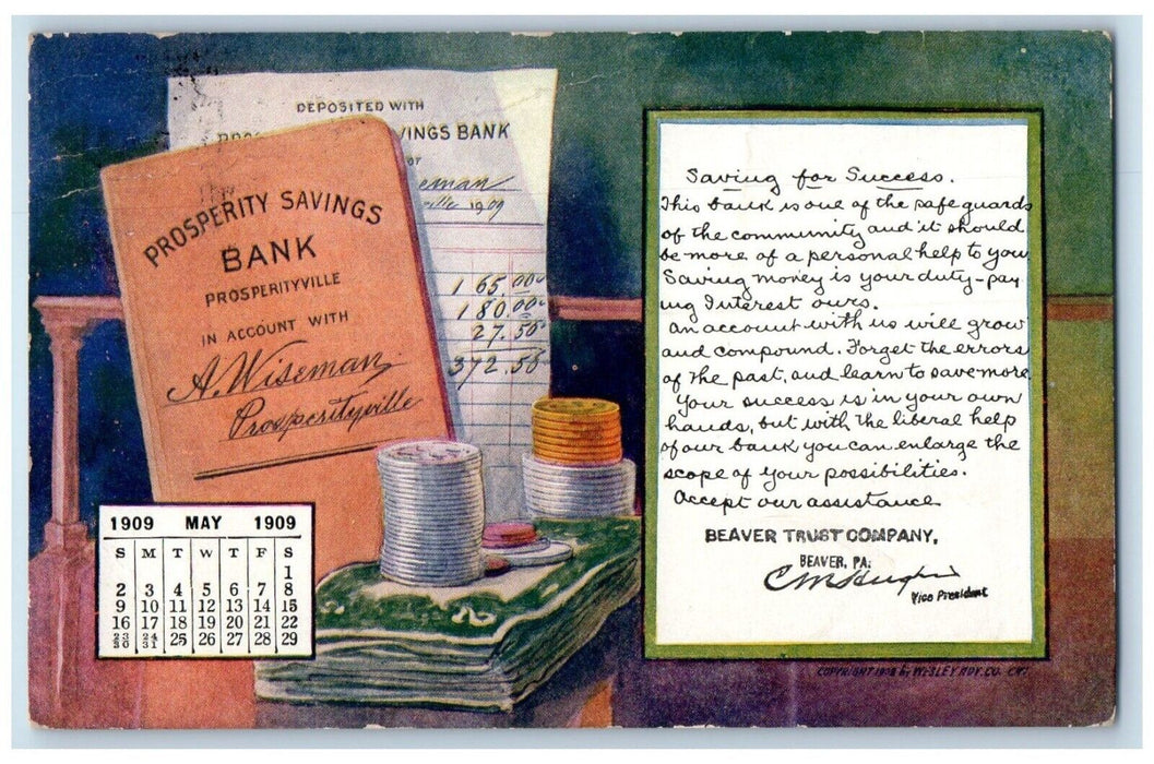 1909 Prosperity Savings Bank Calendar Beaver Trust Co. Pennsylvania PA Postcard