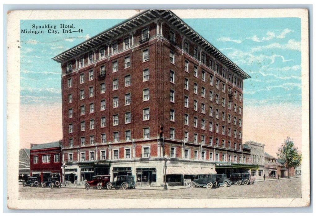 1927 Spaulding Hotel Building Cars Michigan City Indiana IN Vintage Postcard