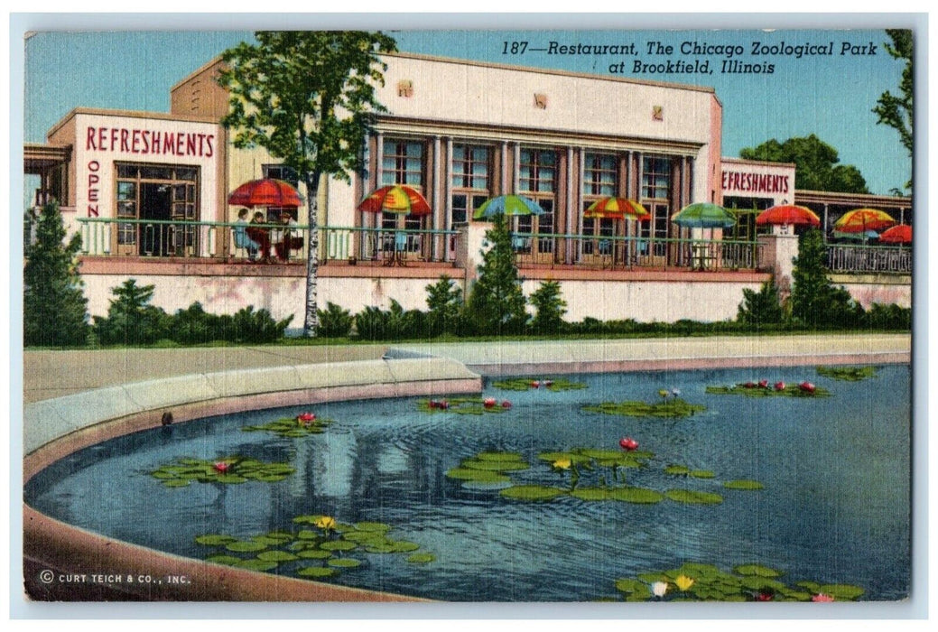 c1940 Restaurant Chicago Zoological Park Pond Patio Brookfield Illinois Postcard