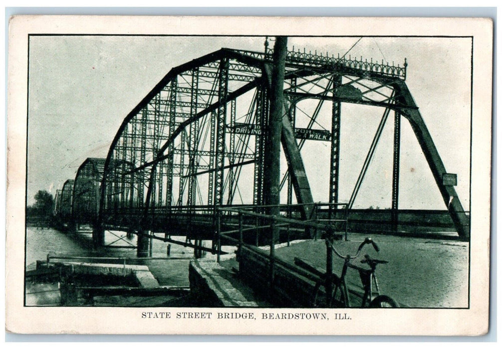 c1920 State Street Bridge Steel River Lake Bicycle Beardstown Illinois Postcard