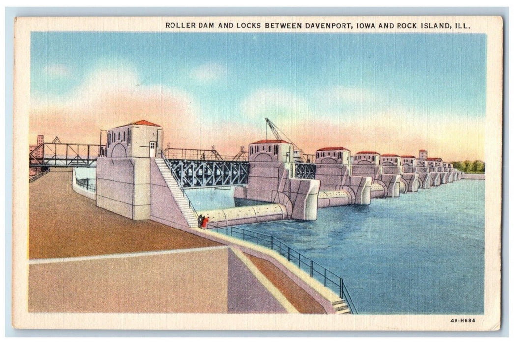 c1940 Roller Dam Locks Davenport River Lake Iowa Rock Island Illinois Postcard