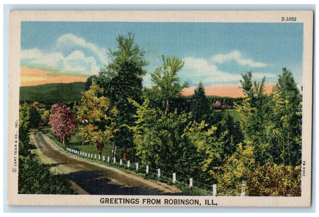 c1940 Greetings From Trees Road Fence Robinson Illinois Vintage Antique Postcard