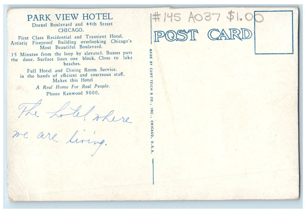 c1920 Park View Hotel Drexel Boulevard Exterior Garden Chicago Illinois Postcard