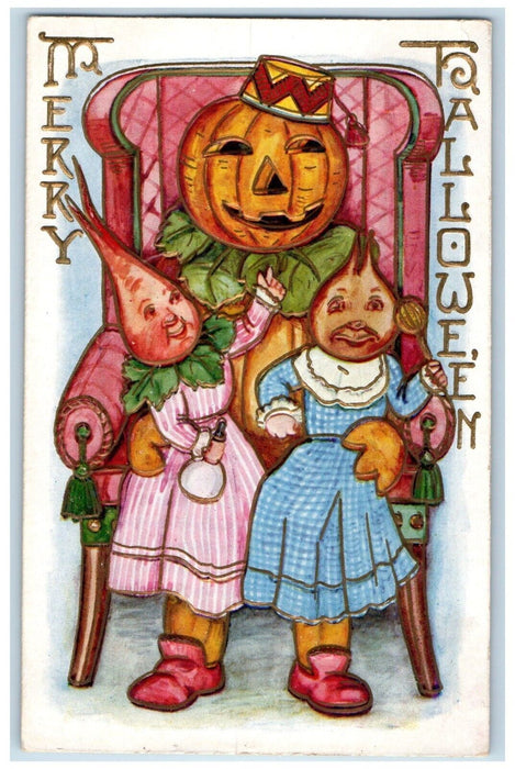 1910 Halloween Turnip Jol Jack O Lantern Vegetables Valparaiso IN Postcard