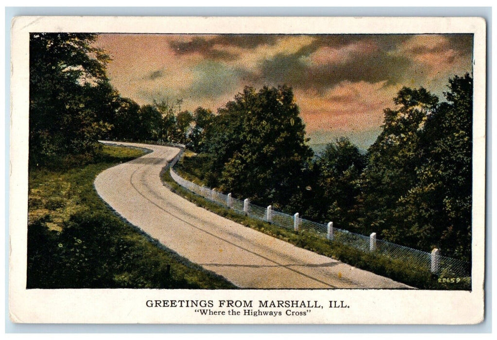 1932 Greetings From Highway Cross Street Road Marshall Illinois Vintage Postcard